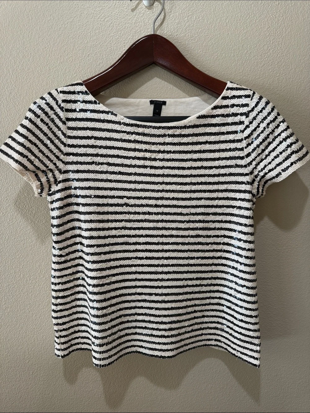 J. Crew Black and White Striped Short Sleeve Sequin Tee